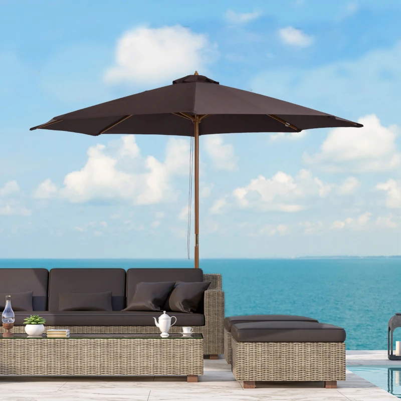 Outsunny 3(m) Garden Parasol, Pulley Operated Patio Umbrella, Wooden Parasol, Table Market Umbrella with Rope Pulley Mechanism and 8 Ribs, Coffee