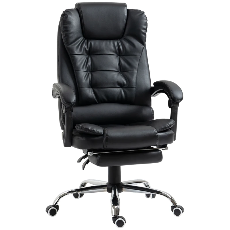 HOMCOM Executive Office Chair, PU Leather Home Office Chair with Swivel Wheels, Reclining Backrest, Retractable Footrest, Black
