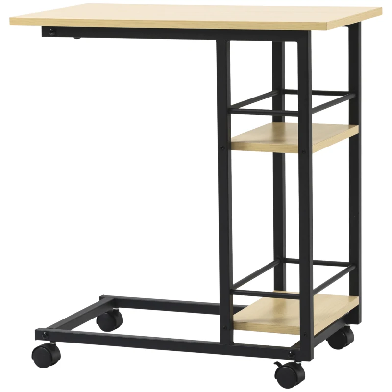 HOMCOM Mesa Auxiliar con Ruedas Mesa Lateral en Forma de C con 2 Estantes Estilo Moderno 60x34,5x64,5 cm Natural
