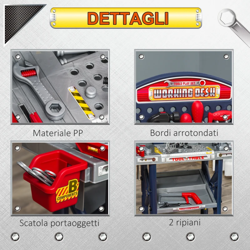 HOMCOM Banco da Lavoro Giocattolo con 55 Accessori, Attrezzi per Bambini 3-6 Anni con Trapano a Batteria, Blu e Grigio