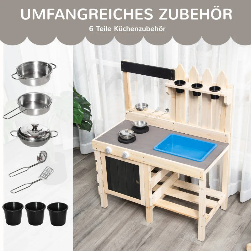 Outsunny Matschküche Outdoor Sandspieleset aus Holz Gartenküche Spieltisch Sand mit Pflanztöpfe Edelstahl Zubehör Spielzeugset Spielzeugküche für 3-7 Jahre 81,5 x 46 x 102,5 cm