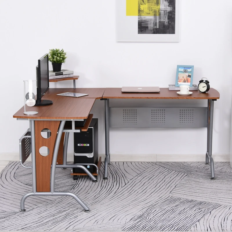 HOMCOM L-Shaped Corner Work Desk Gaming Office w/ Steel Frame CPU Rack Keyboard Tray Space-Saving Melamine Coating Computer Home Workstation Brown