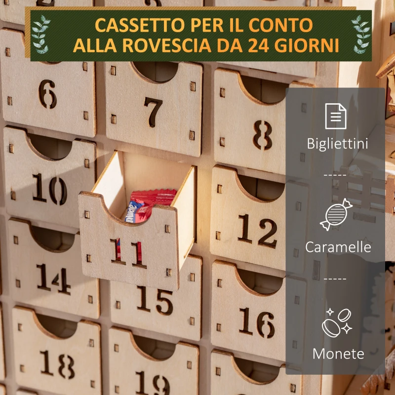 HOMCOM Calendario Avvento di Natale Rettangolare con Motivi a Tema e 12 Luci a LED, 22x9x30 cm, in Compensato, Arancione