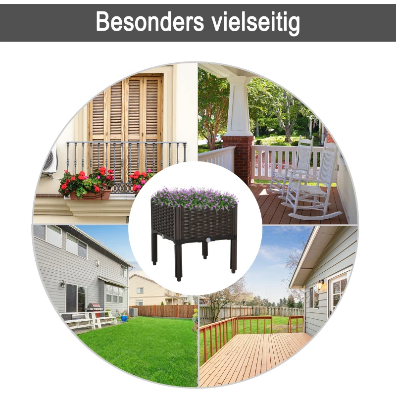 Outsunny Hochbeet, Pflanzkasten mit Abflusslöchern, Blumenkasten im Rattan-Look, Kunststoff, Braun, 40 x 40 x 44 cm