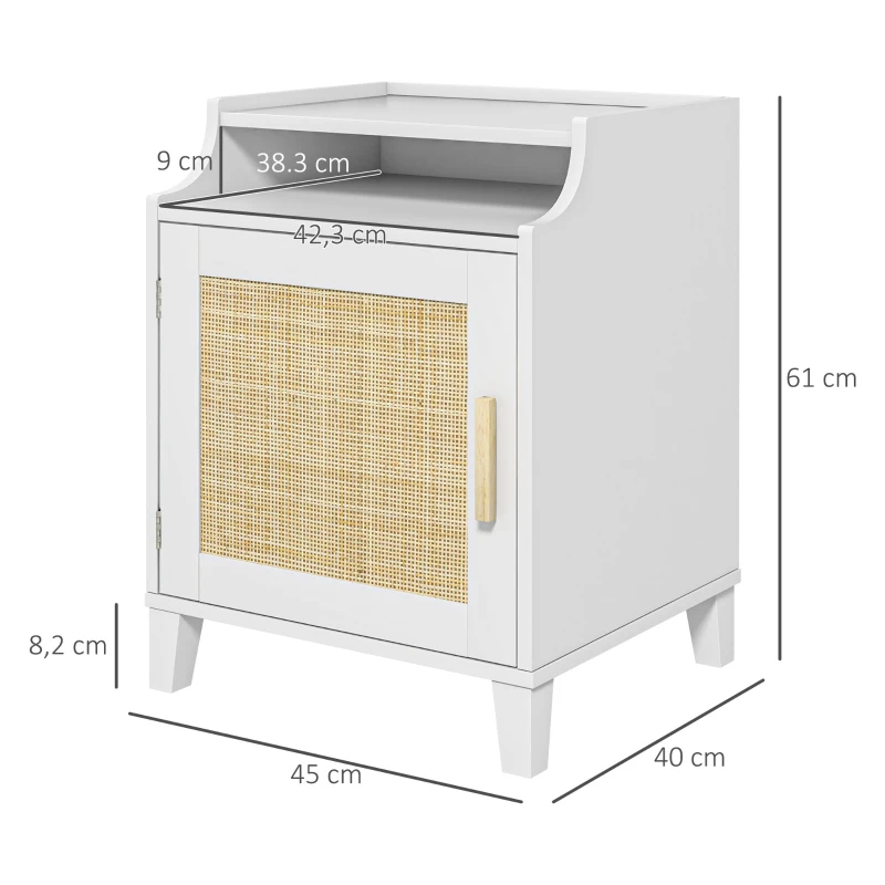 HOMCOM Table de chevet table de nuit avec placard porte rotin tissé + niche design bohème 45 x 40 x 61 cm naturel blanc