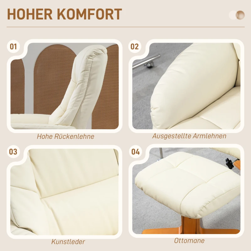 HOMCOM Relaxsessel mit Hocker, Liegefunktion, Kunstlederbezug, bis 150 kg, 71 x 84 x 102 cm, Cremeweiß(m-6)