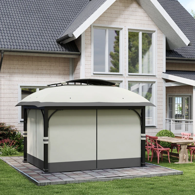 Outsunny Tuinpaviljoen, 3,3 x 4 m Partytent met Netgordijnen, Dubbeldeks Dak, Kunstleder Coating, Metalen Frame, Lichtgrijs