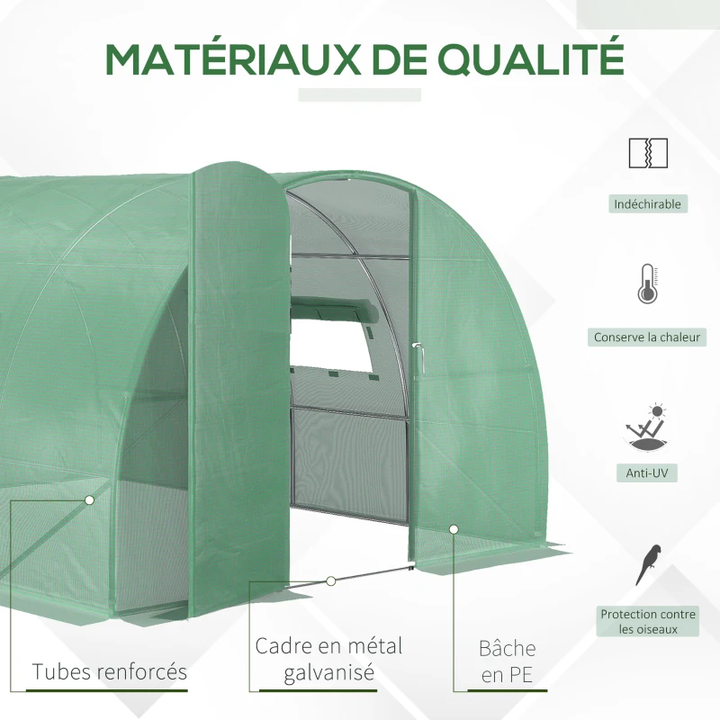 Outsunny Serre de Jardin Tunnel 12 m² 4L x 3l x 2H m Acier galvanisé renforcé + PE Haute densité fenêtres Porte Vert