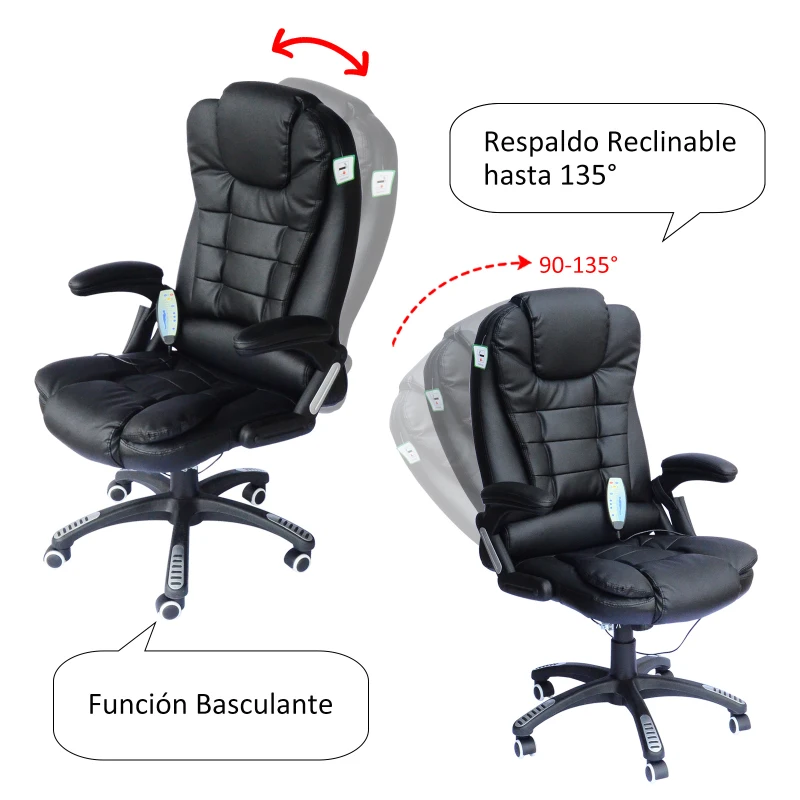 HOMCOM Silla de Oficina y Escritorio Regulable en Altura Reclinable 135° y Función Basculante Con Calefacción y Función Masaje con 6 Puntos Vibratorios 62x68x111-121cm Hasta 120kg Negro