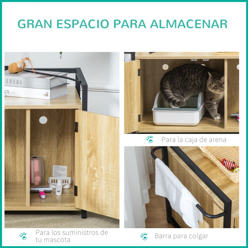 PawHut Casa para Gatos de Madera Mueble Arenero para Gatos 2 en 1 con Armario de Almacenaje Encimera Amplio 2 Puertas Orificio de Entrada Lateral y Barra de Colgar 82,3x51x54 cm Natural