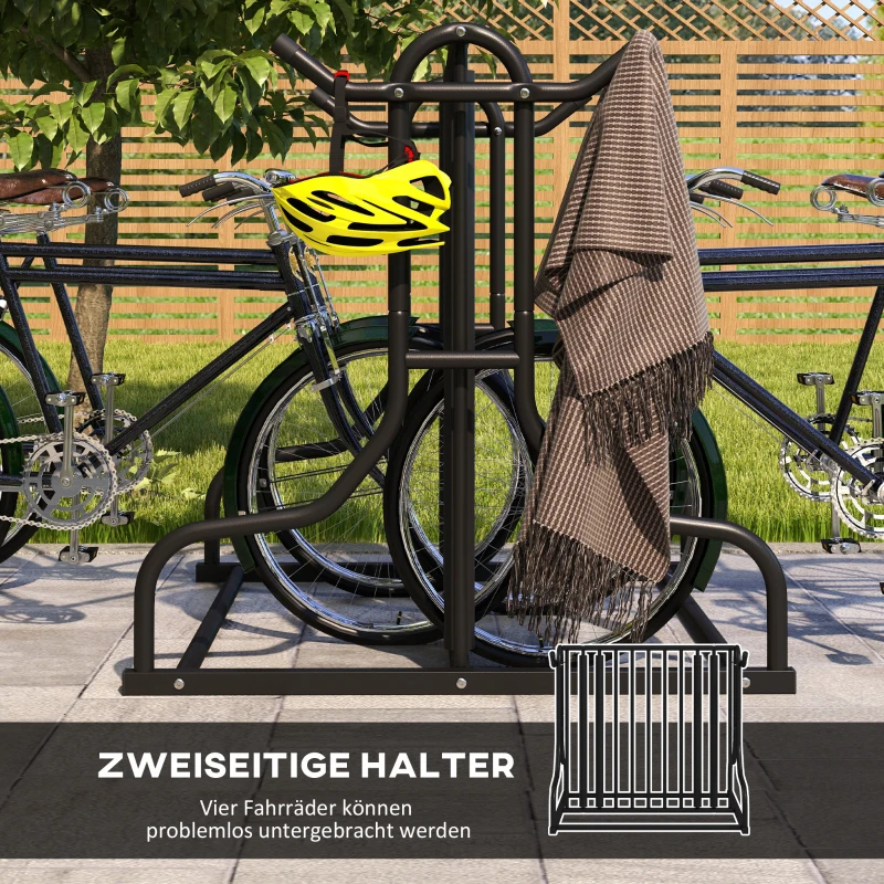 DURHAND Fahrradständer für 4 Fahrräder, wetterbeständig, zusätzliche Halterung, 90 x 80 x 80 cm, Schwarz