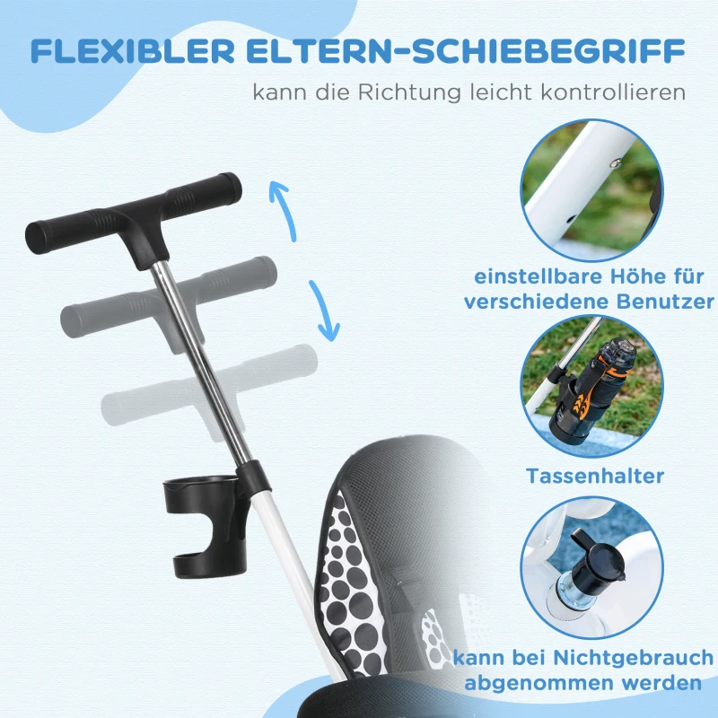 HOMCOM 6-in-1 Kinderdreirad mit Schiebestange, Dach, Gurt, Ablagekorb, für 1-5 Jahre, Weiß