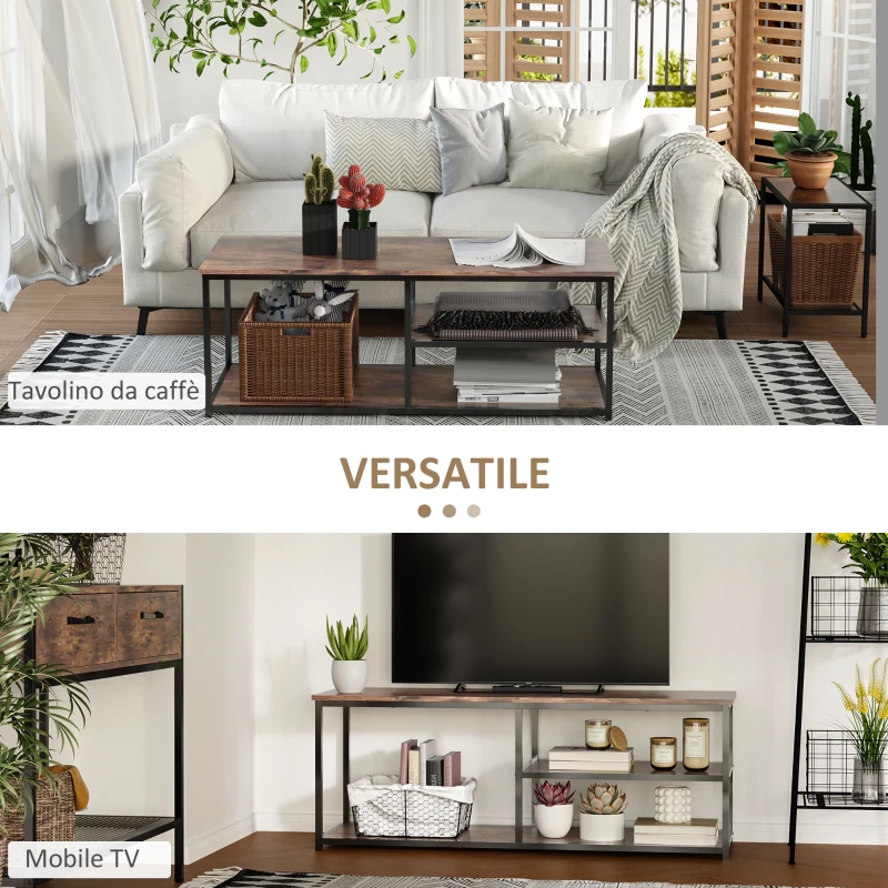 HOMCOM Mobile TV Moderno in Stile Industriale a 3 Ripiani, Legno e Metallo, Marrone e Nero, 120x40x45