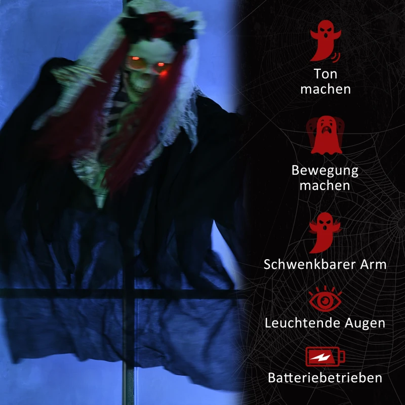 HOMCOM Halloween-Dekoration Skelettbraut, LED-Augen, heult, dreht sich, Geräusch- & Bewegungssensor, 100 cm