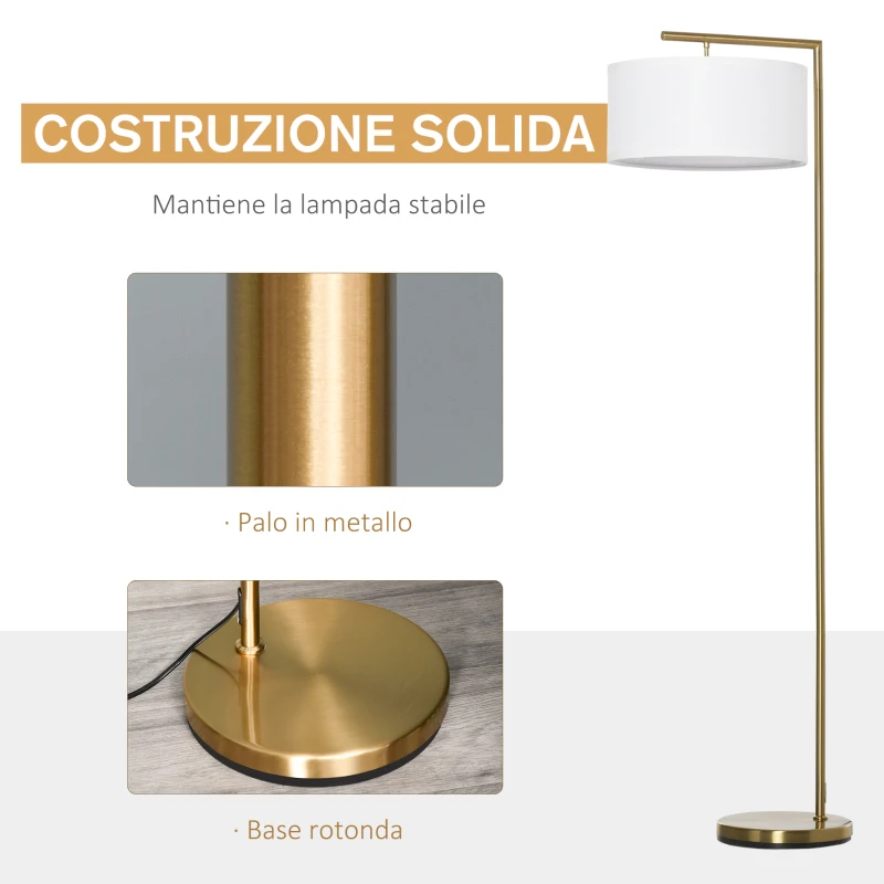 HOMCOM Lampada da Terra Moderna in Metallo e Paralume in Tessuto, Lampada da Lettura E27 47x37x153cm, Oro e Bianco