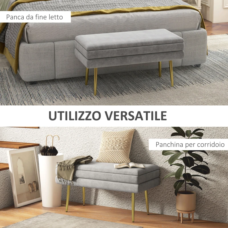 HOMCOM Panca Fondo Letto con Spazio Portaoggetti, in Acciaio e Poliestere, 79.5x37.5x43 cm, Grigia
