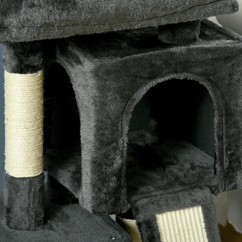 PawHut Árbol Múltiples Actividades para Gatos Centro de Juegos para Mascotas con Postes y Tablero Rascador Cuevas Cama con Borde Elevado Tacto Suave 59x39x83 cm Gris Oscuro