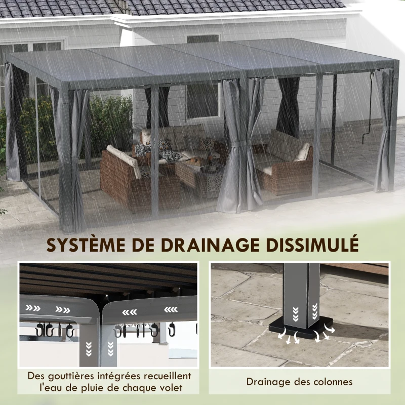 Outsunny Pergola 3 x 6 m  pergola d'extérieur tonnelle avec persiennes manivelle, toit réglable en aluminium crochets gris foncé