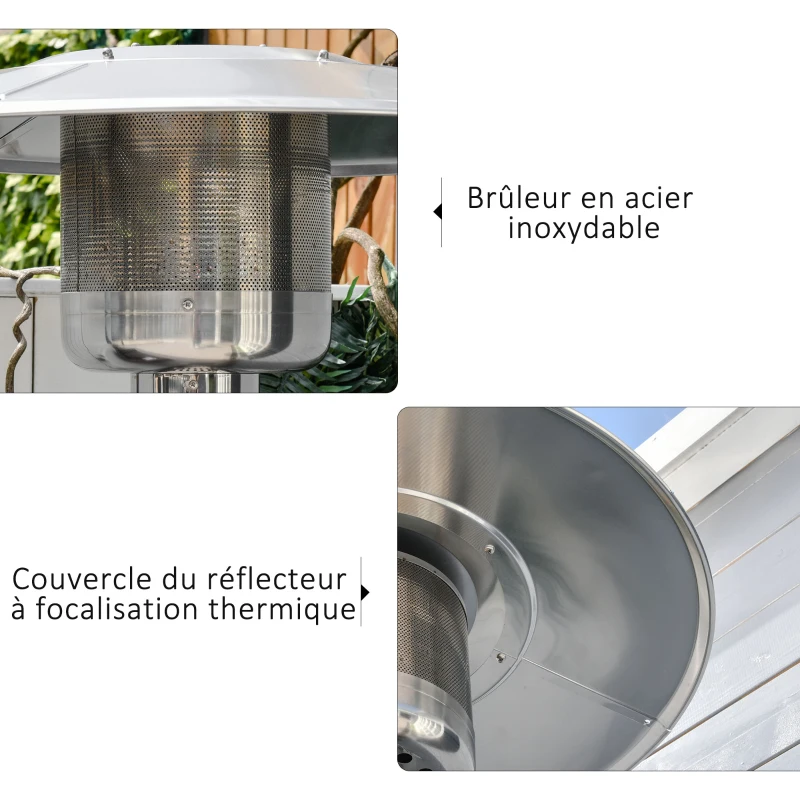 Outsunny Parasol Chauffant Commercial 12,5 KW - Chauffage d'extérieur gaz 30 m² - Chauffage de terrasse - Double sécurité - Puissance réglable - roulettes - Acier INOX. Gris