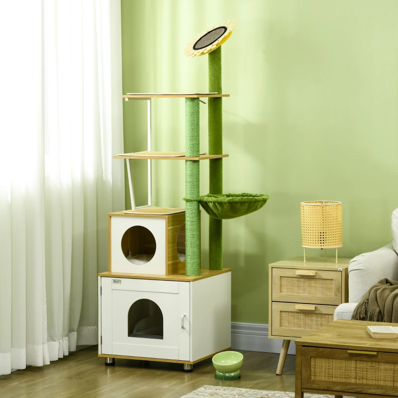 PawHut Cat Tree with Cat Litter Box for Indoor Cats, with Scratching Post, Cat House, Hammock - Oak Tone