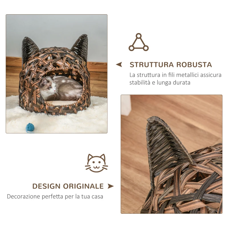 PawHut Cuccia per Gatti, Cesta per Gatti Adulti fino 4.5kg, Cesta in Vimini Sintetico a Forma di Gatto, Marrone