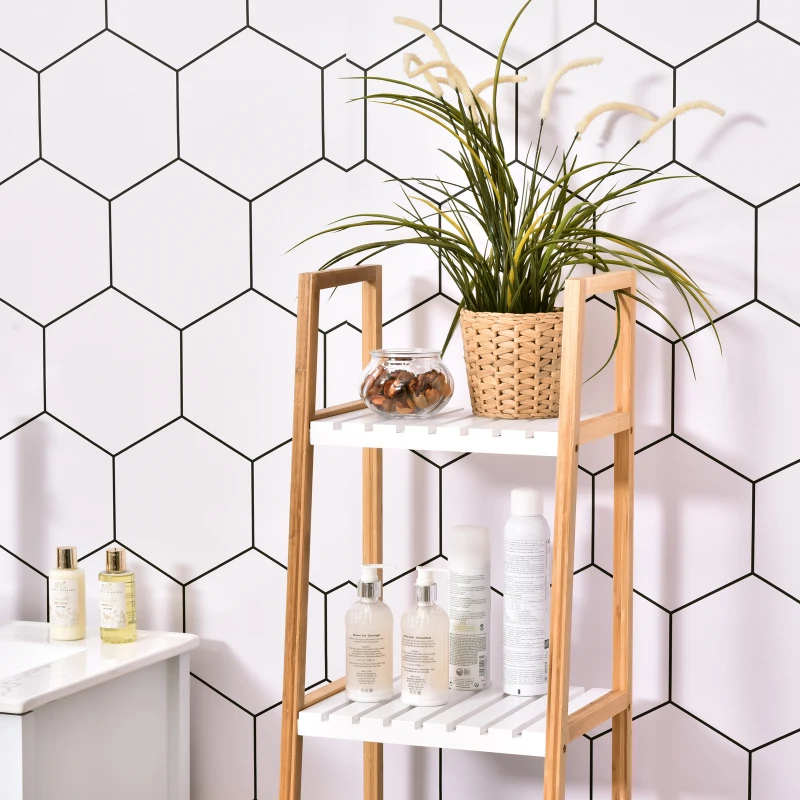 kleankin Estantería Escalera de Bambú de 4 Niveles Mueble de Almacenaje Multifuncional para Baño Salón Cocina 35x36x138,5 cm Blanco y Natural