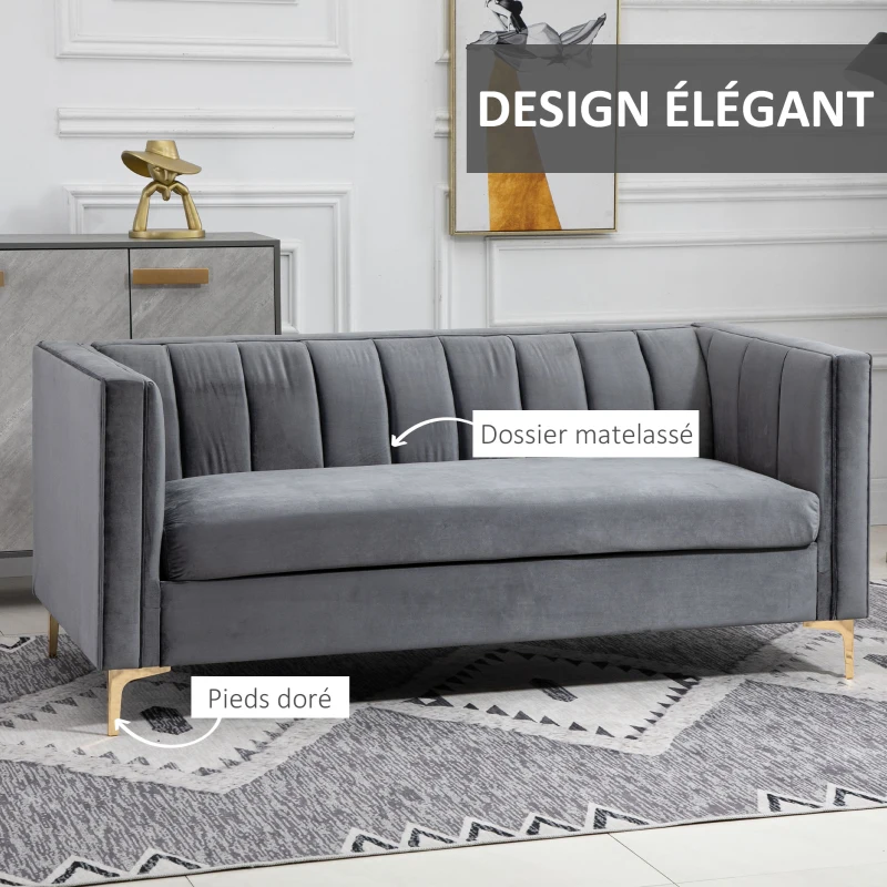 HOMCOM Canapé 3 Places Style Art Déco piètement Acier doré revêtement Velours Gris