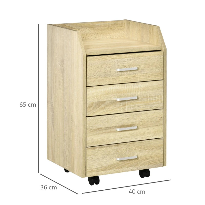 Vinsetto Caisson de bureau rangement sur roulettes 4 tiroirs coulissants MDF et panneaux de particules dim. 40L x 36l x 65H cm naturel