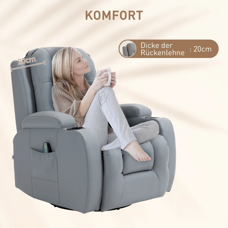 HOMCOM Massagesessel mit Wipp-, Liege- & Wärmefunktion, Timer, 5 Modi, drehbar, Hellgrau(m-7)