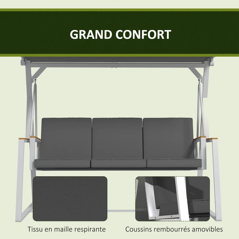 Outsunny Balancelle de jardin 3 places avec toit inclinaison réglable matelas fourni dim. 205L x 130l x 175H cm gris foncé