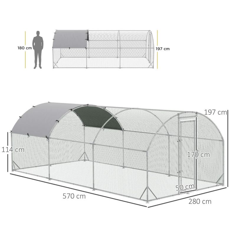 PawHut Grand enclos poulailler 15,96 ㎡ parc grillagé toit anti-UV porte verouillable 2,8 x 5,7 x 1,97 m argenté