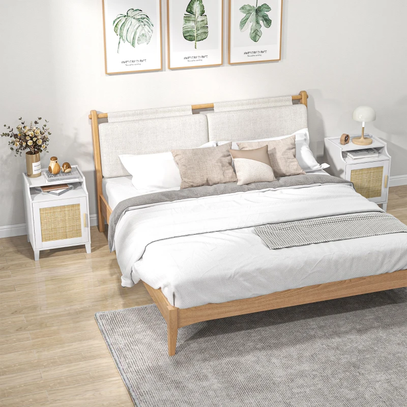 HOMCOM Lot de 2 tables de chevet table de nuit avec placard porte rotin tissé + niche design bohème naturel blanc