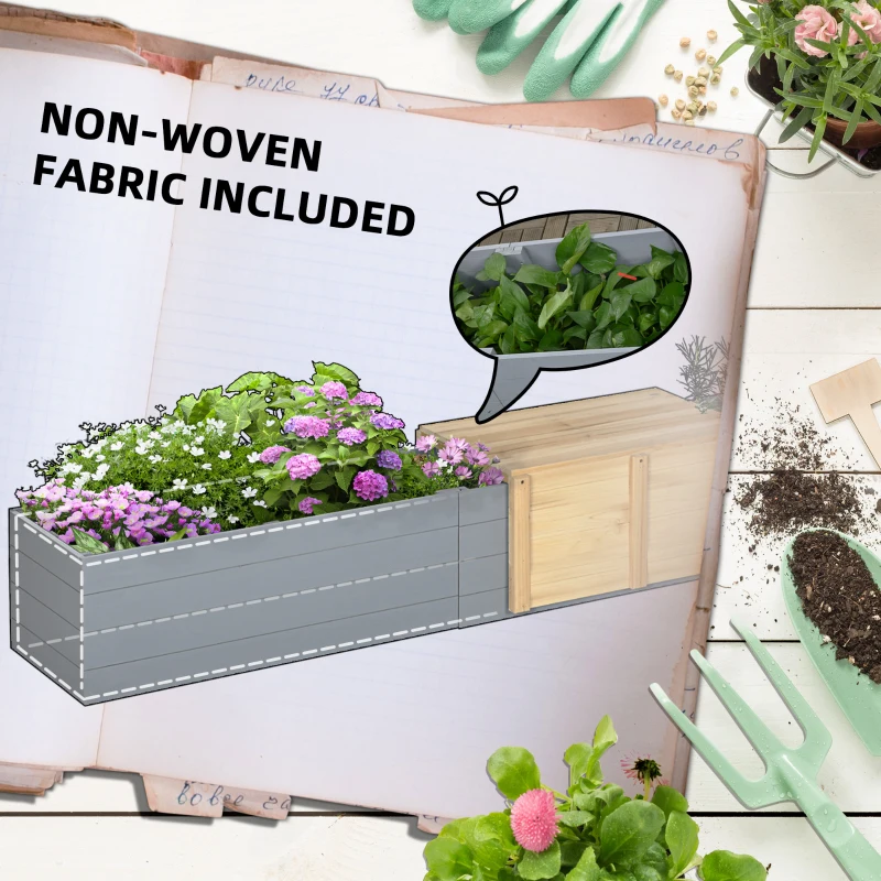 Outsunny Jardinière surélevée bac à fleurs en bois sans fond avec banc coulissant - 240 x 42 x 32 cm bleu foncé