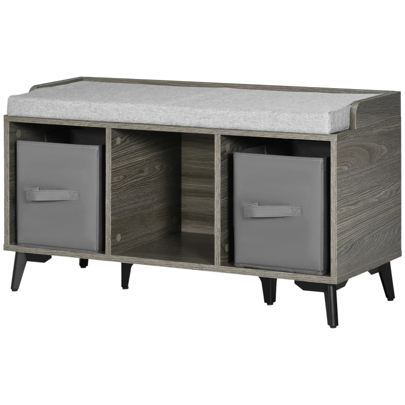 HOMCOM Banco Zapatero Tapizado Mueble Zapatero con Banco con 3 Compartimentos Abiertos y 2 Cajones de Tela 90x34x48 cm Gris