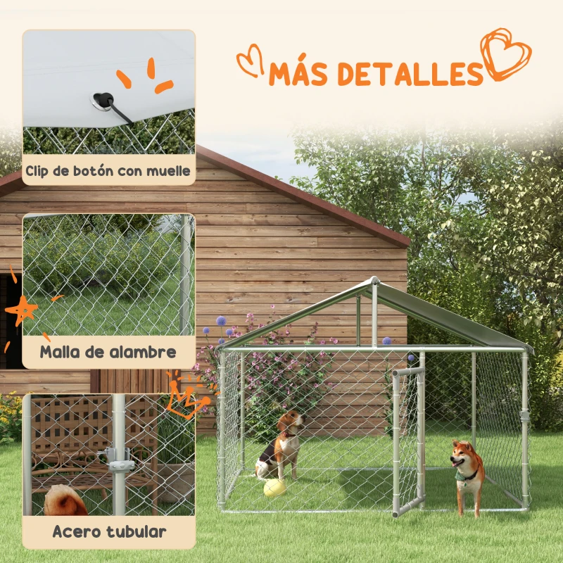 PawHut Jaula de Exterior para Perros Medianos con Cerradura Marco de Acero Toldo Impermeable y Anti-UV 200x200x150 cm Plata