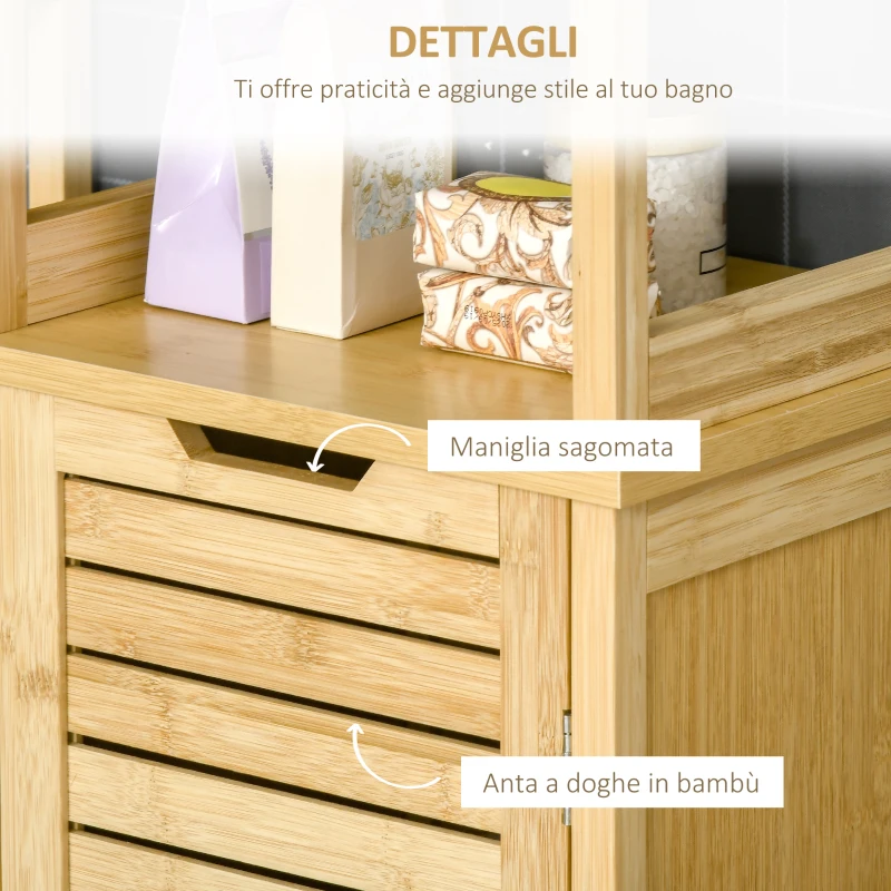 kleankin Mobile Bagno a 3 Ripiani e 1 Credenza, Design a Doghe, Bambù, 34x30x173cm