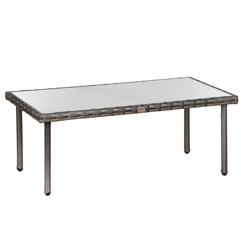 Outsunny Table basse de jardin plateau verre trempé 5 mm résine tressée imitation rotin gris