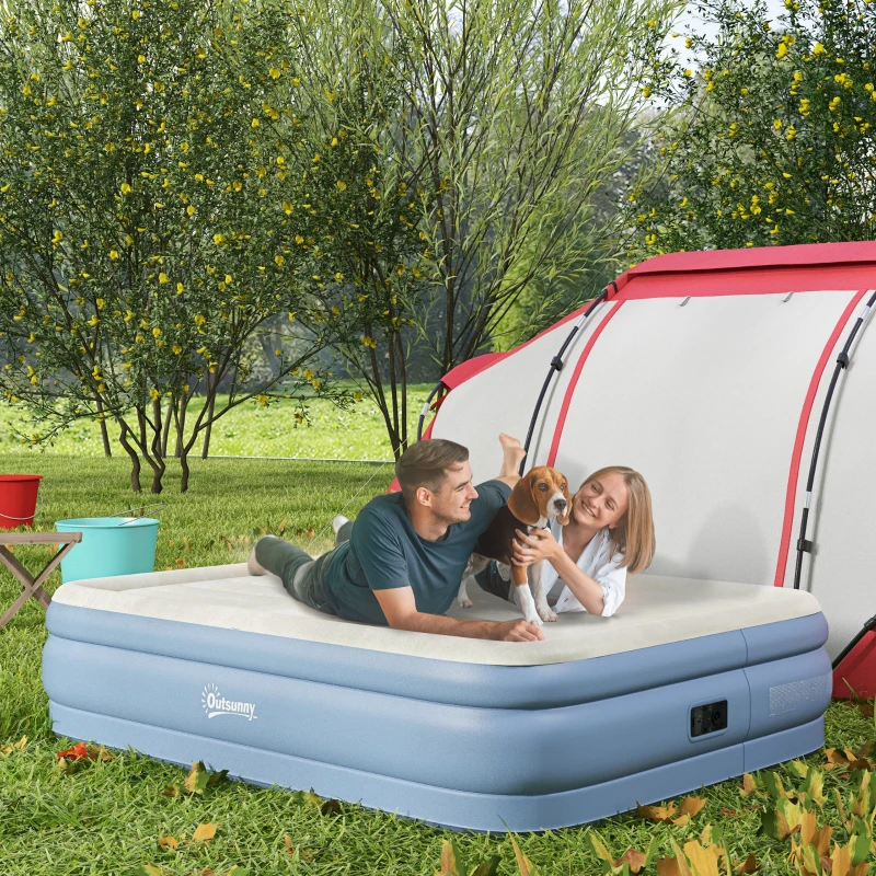 Outsunny Campingmatratze für 2 Personen, aufblasbar, eingebaute Pumpe, Tragetasche, 203 x 152 x 46 cm, Hellblau