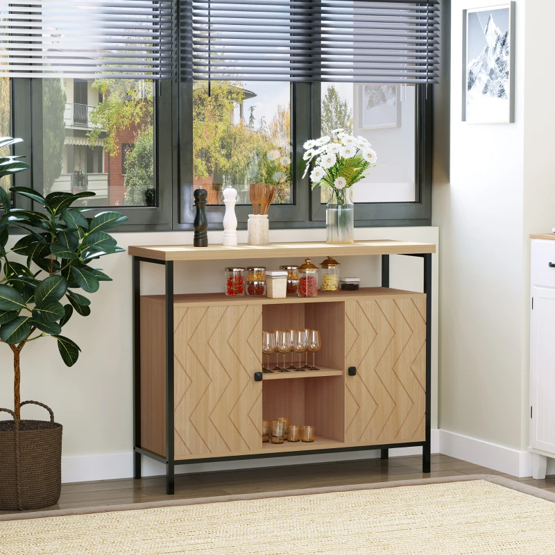 HOMCOM Aparador para Comedor Cocina con Estantes Abiertos 2 Puertas y Baldas Ajustables Estilo Moderno Gran Almacenaje para Sala de Estar 100x35x80 cm Roble