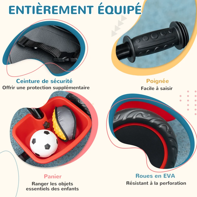 AIYAPLAY Tricycle pour enfant évolutif avec siège réglable pédales 2 paniers ceinture pour enfant de 2 à 5 ans rouge et noir