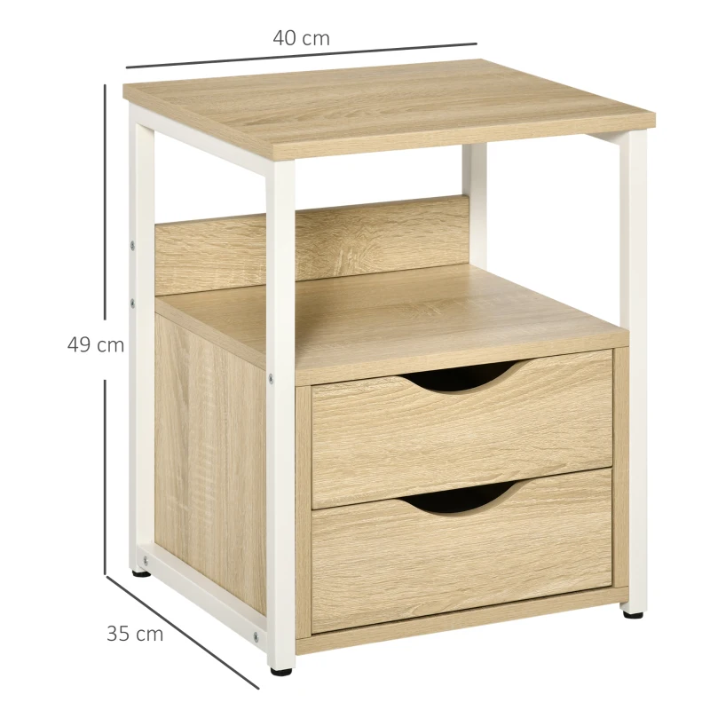 HOMCOM Mesa Auxiliar con 2 Cajones y Estantes de Almacenamiento Mesita de Noche con Marco de Metal 40x35x49 cm Natural