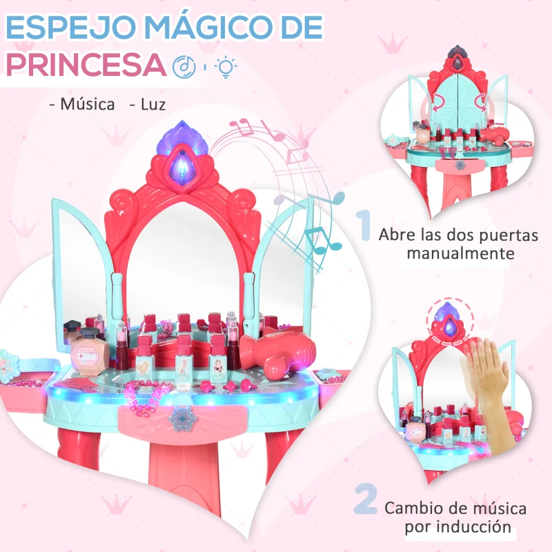 AIYAPLAY Tocador Infantil +3 Años con Taburete Espejo Luz Música y Secador Tocador de Maquillaje 57x34x76 cm Multicolor