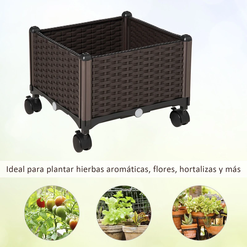 Outsunny Jardinera de Plástico Curdrada con 4 Ruedas Macetero de Jardín con Agujeros de Drenaje para Cultivo de Plantas en Exterior Patio Terraza 40x40x31,5 cm Marrón