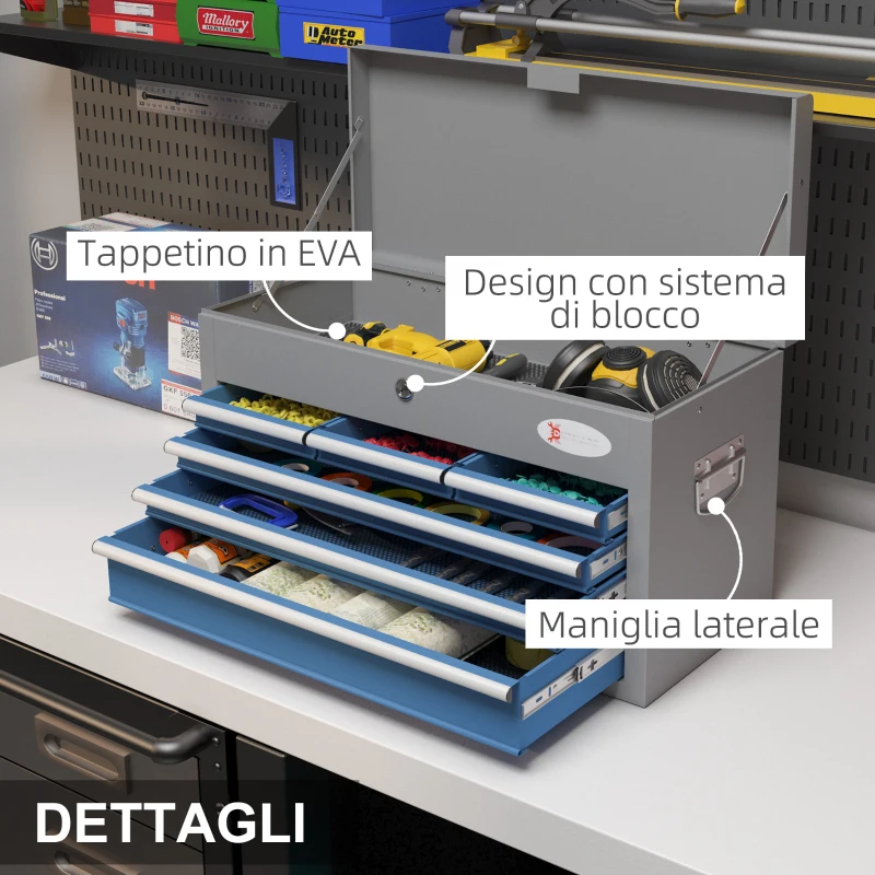 DURHAND Cassetta Attrezzi in Acciaio con 6 Cassetti, un Bauletto e 2 Chiavi, 60x26x34 cm. Blu