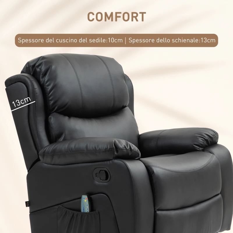 HOMCOM Poltrona Relax Reclinabile con 8 Punti Massaggianti, in Finta Pelle e Acciaio, 97x92x104 cm, Nero