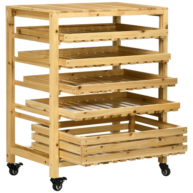 Outsunny Gemüsehorde mit 5 Regalen, Obstkiste, Gemüsekiste, wetterbeständig, 4 Rollen, 73 cm x 45 cm x 91 cm, Natur