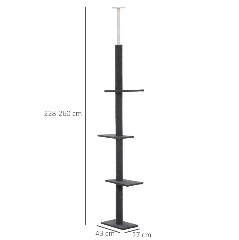 PawHut Arbre à chat poteau à griffer hauteur réglable dim. 43L x 27I x 228-260H cm 4 niveaux d'activités gris
