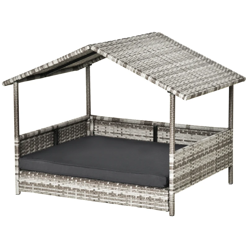 PawHut Wicker Dog House, Rattan Pet Bed, with Removable Cushion, Canopy, for Small and Medium Dogs - Dark Grey