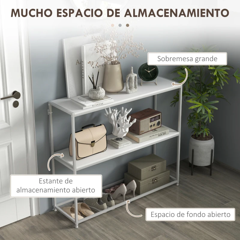 HOMCOM Mesa de Entrada con Estante Abierto y Estructura de Acero Antivuelco para Salón Pasillo 100x30x87 cm Blanco