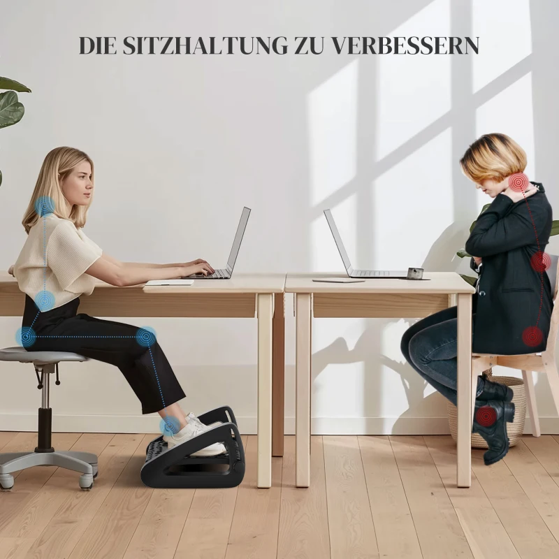 HOMCOM Fußstütze für den Schreibtisch, höhenverstellbarer Fußhocker mit Massage-Oberfläche und Rollen, Kunststoff, Schwarz